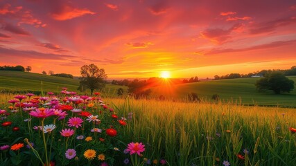 Obraz premium Vibrant Sunset Over Flowering Meadow with Colorful Blooms and Lush Green Fields in Scenic Countryside Landscape