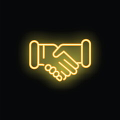 Neon yellow icon of two people shaking hands on a black background