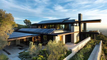 Luxury home with expansive solar panel installation overlooking scenic views