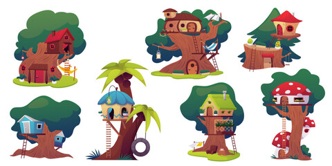 Vector set of treehouses with windows, stairs, hammocks and swings on a white background