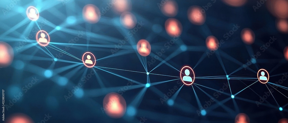 Poster digital network connecting user icons with glowing nodes in a futuristic design.