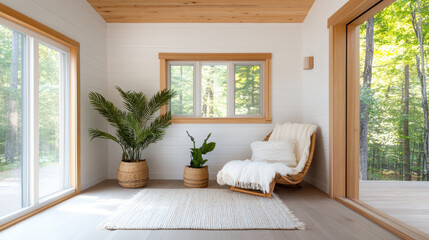 Fototapeta premium minimalist reading nook featuring foldable chair, plants, and natural light