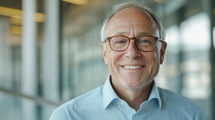 Obraz premium Smiling mature man with glasses in a modern office environment.