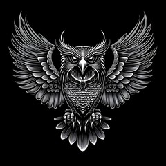 Fototapeta premium Majestic Owl in Flight, Graphic Design, Stylized Art, Black Background