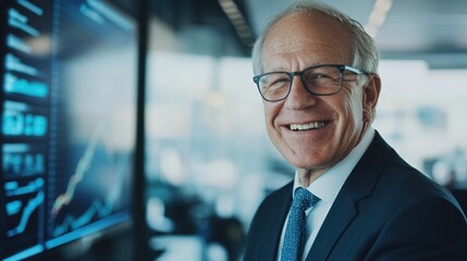 Naklejka premium Smiling senior businessman standing confidently near financial data screens.