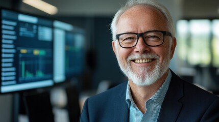 Naklejka premium Smiling senior man in glasses in modern office with digital screens in background.