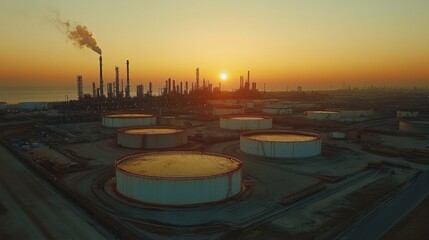 Sunset over oil refinery with storage tanks.