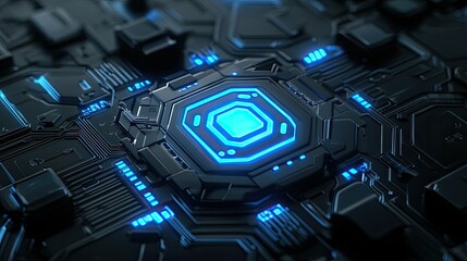 Fototapeta premium A glowing blue AI icon embedded in a futuristic black circuit board, symbolizing advanced technology