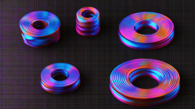 iridescent layered torus designs in 3d digital art featuring neon gradient colors on a dark abstract background with geometric shapes and metallic finishes