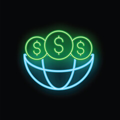 Neon sign is glowing in the dark, representing the concept of global economy with dollar coins filling the earth