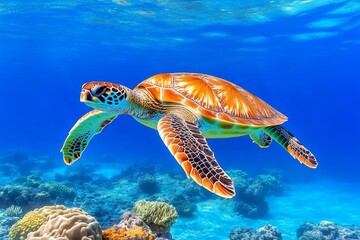 Obraz premium A close-up of a sea turtle swimming through a coral reef in clear blue waters. Generative AI