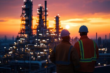 Two Workers Overlooking a Refinery at Dusk with Warm Orange Light and Industrial Landscape







