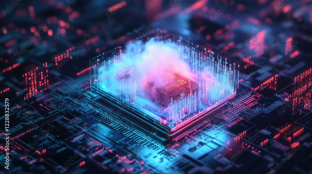 Poster a holographic cloud integrated with a microchip on a dark background, surrounded by binary codes