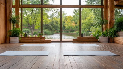 Obraz premium serene indoor yoga space with mats overlooking peaceful lake view