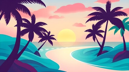 Fototapeta premium A dreamy tropical island landscape with oversized, abstract palm trees in deep purple, red, and teal. 