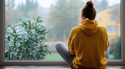 person sitting by window, staring out at rainy scene, feeling contemplative