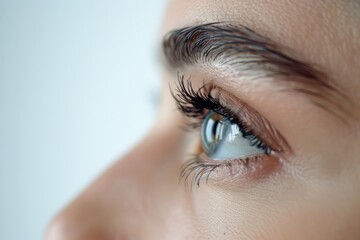 Obraz premium A closeup of a womans eye with long eyelashes beautifully showcasing the iris and pupil. The focus is on the delicate facial features and expression, highlighting the allure of the image