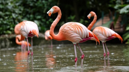 A serene scene of flamingos elegantly wading in shimmering water, their pink feathers contrasting with the lush greenery.
