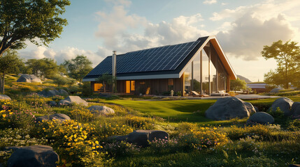 Obraz premium A charming eco-friendly home surrounded by flowers and powered by solar energy