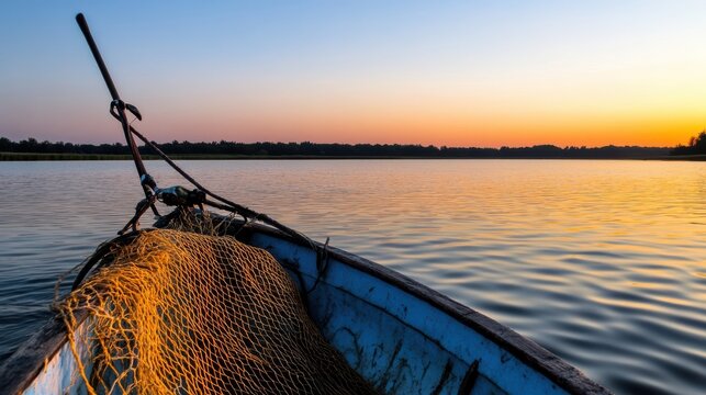 A solitary fisherman casts a net into a tranquil river at dusk, the golden hues of the sunset creating a peaceful atmosphere of timeless tradition.