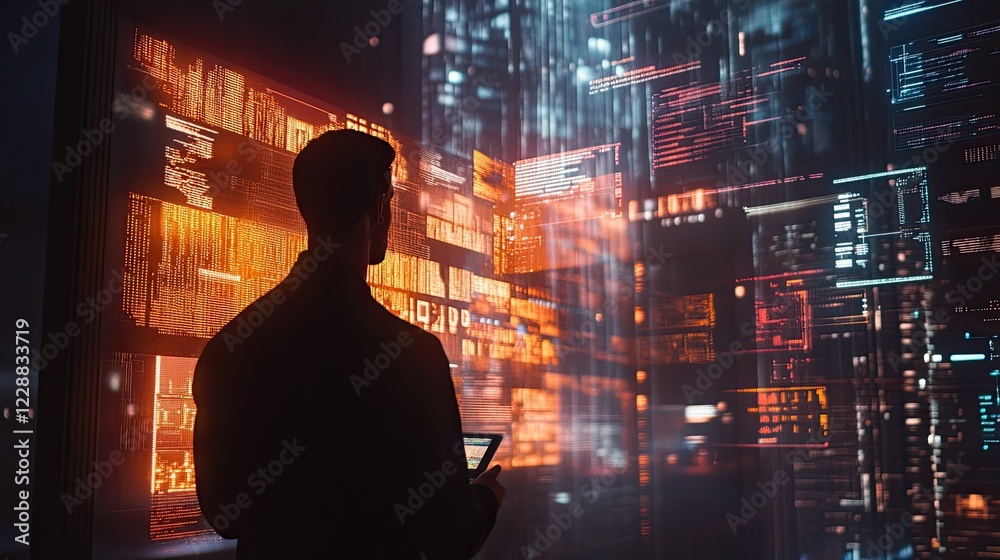 Poster a professional presenting ai technology in a high-tech environment with glowing interfaces and data 