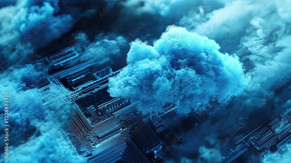 Poster abstract blue cloud hovering over a microchip, symbolizing cloud computing and technology integratio