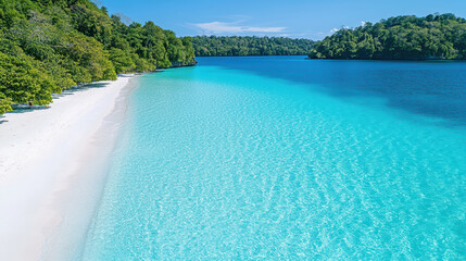 Fototapeta premium remote island beach with turquoise water and lush greenery