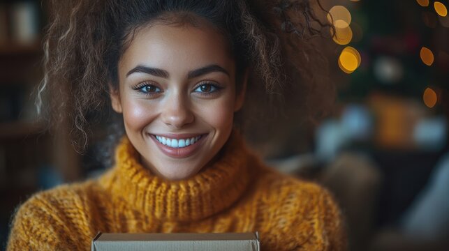 A woman smiling while unboxing a package in a cozy living room