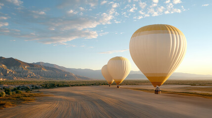 serene landscape featuring three hot air balloons preparing for flight at sunrise