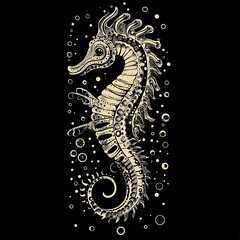 Fototapeta premium Ornate seahorse graphic design, black background