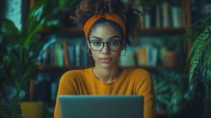 A woman taking notes on a laptop in a cozy home workspace