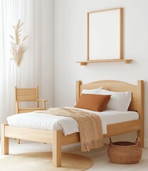 Bright Minimalist Light Wooden Bedroom Interior with Neutral Colors