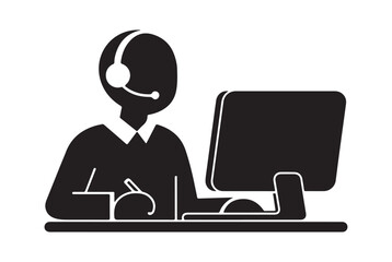 Minimalist Black Silhouette Customer Service Agent with Headset, Desk, and Speech Bubble Icon for Call Center