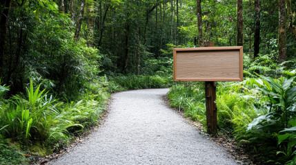 scenic forest path with signboard promoting conservation efforts
