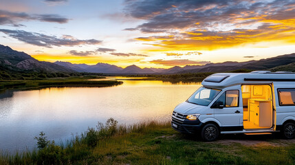 Fototapeta premium scenic road trip view with campervan parked by tranquil lake at sunset