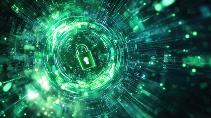 Fototapeta premium Conceptual image of cybersecurity with a digital lock on a bright green data network background