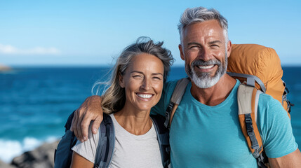 Fototapeta premium Happy senior couple hiking together on scenic trail by ocean
