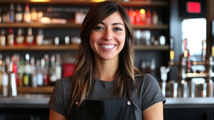 Smiling female bartender at a bar.