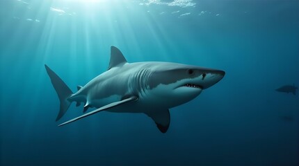 Obraz premium Majestic Great White Shark Underwater Photo: Stunning Ocean Wildlife Image, Sunbeams, Deep Blue Sea, Powerful Predator, Marine Life Photography