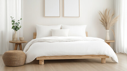 serene bedroom with white bedding, light wood bed, and natural decor