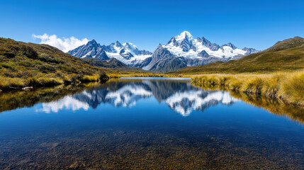 Obraz premium serene lake reflecting snow capped mountains under clear blue sky