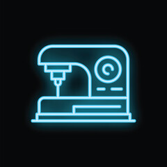 Glowing blue neon icon of a sewing machine, isolated on a black background