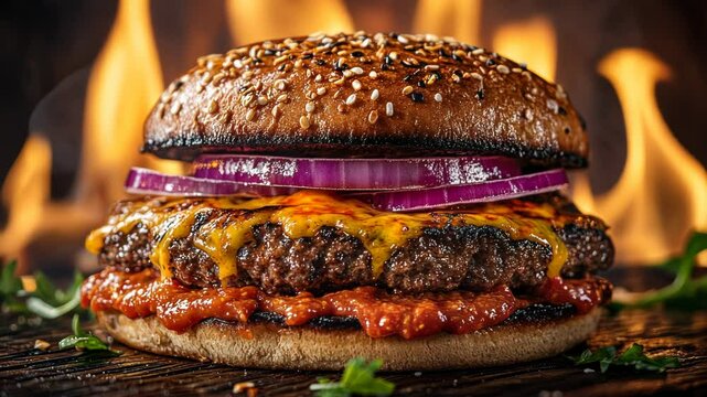 Juicy cheeseburger with melted cheese and onions, flames in background