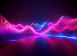 Abstract digital landscape of vibrant pink and blue glowing waves, reflecting on a dark surface.  The lines create a sense of depth and movement.