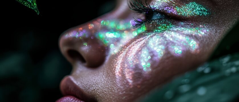 Close up Face  Glittery Makeup  Iridescent Sparkle  Colorful Lights  Bokeh  Eye  Skin  Bea