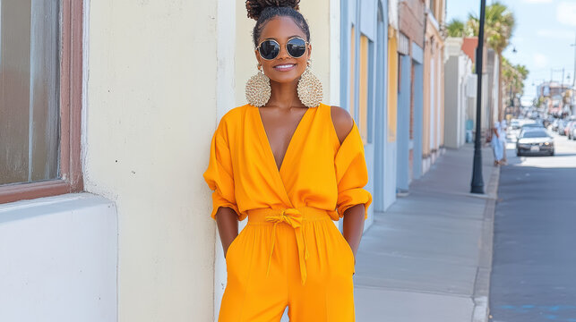 Bright jumpsuit outfit with stylish accessories in vibrant summer setting - Powered by Adobe