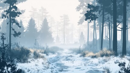 Naklejka premium Serene winter forest landscape with fog, snow-covered ground, and tall evergreen trees