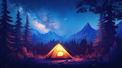 Star-filled night with a glowing tent in a serene forest, mountains in the background under the Milky Way