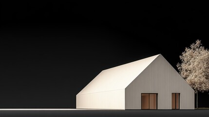 A minimalist house with cream and brown tones, isolated against a dark background, emphasizing simplicity and elegance