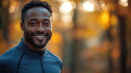 Fototapeta premium African person man jogging happily in a park on a sunny day.
